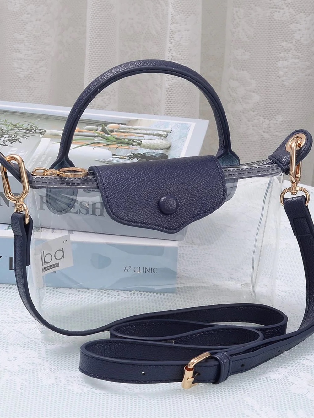 Clear Navy Crossbody Tote with Navy Trim